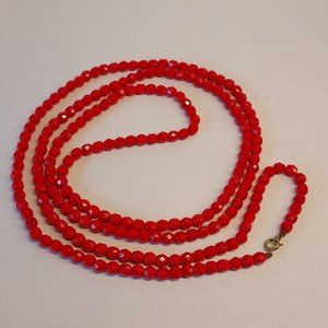 LONG Red glass faceted beaded necklace 50"long